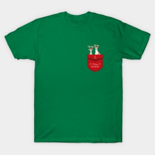 Greyhound Dog with Reindeer Ear Inside Red Festive Pocket with Merry Christmas Sign T-Shirt